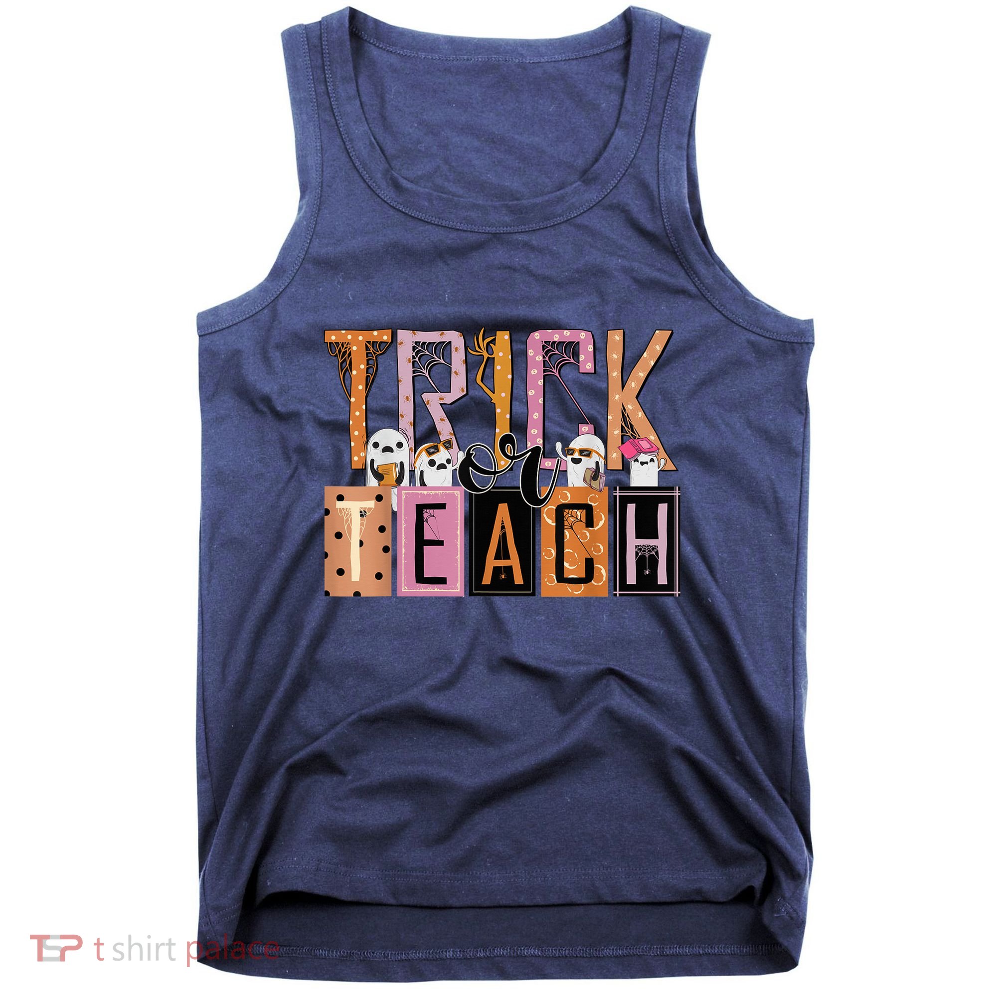 Trick or Teach Floral Groovy Halloween Teacher Retro Ghost Tank Top