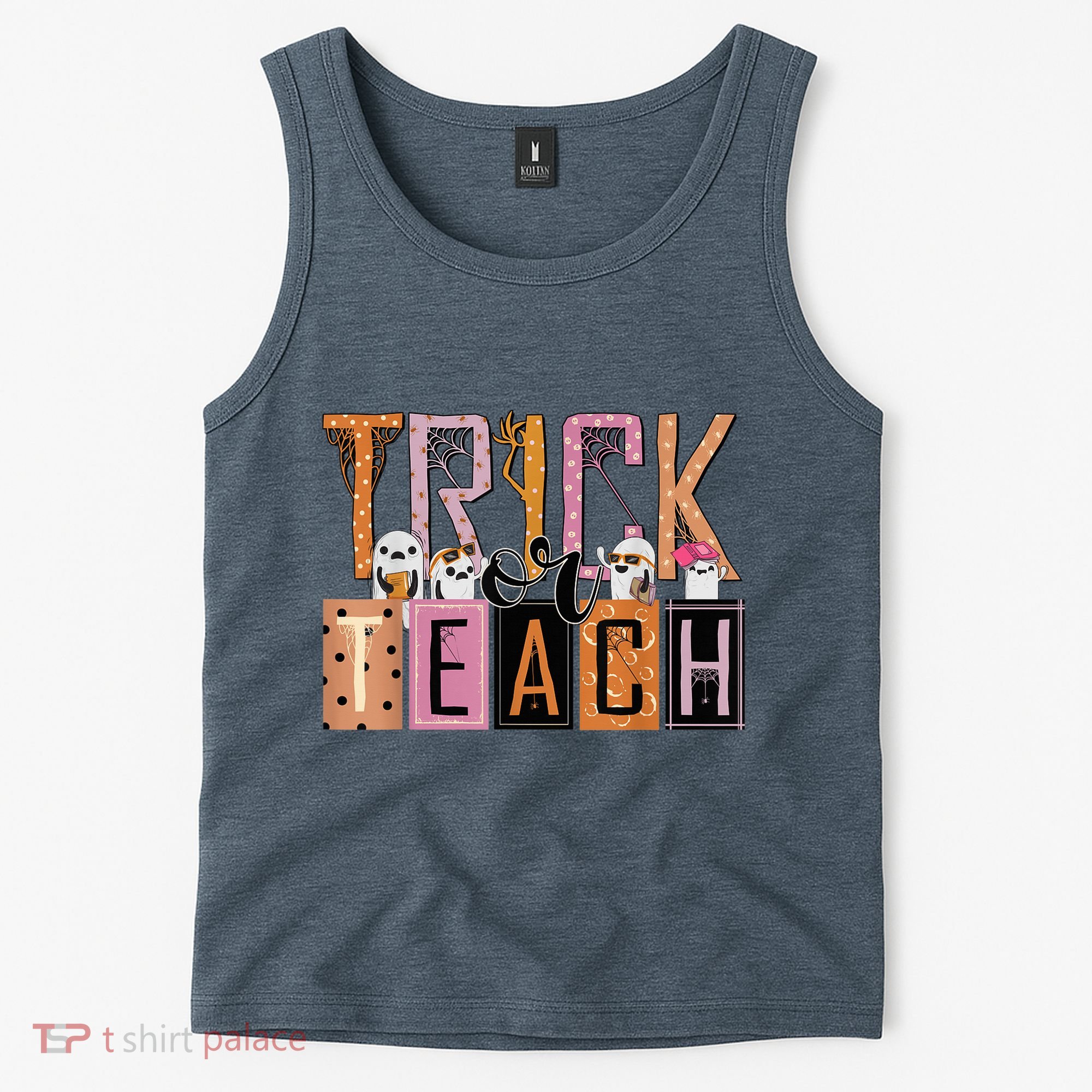 Trick or Teach Floral Groovy Halloween Teacher Retro Ghost Tank Top