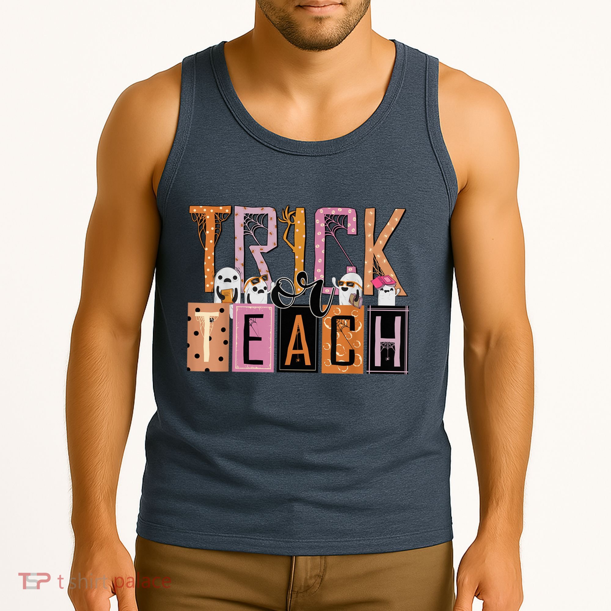 Trick or Teach Floral Groovy Halloween Teacher Retro Ghost Tank Top