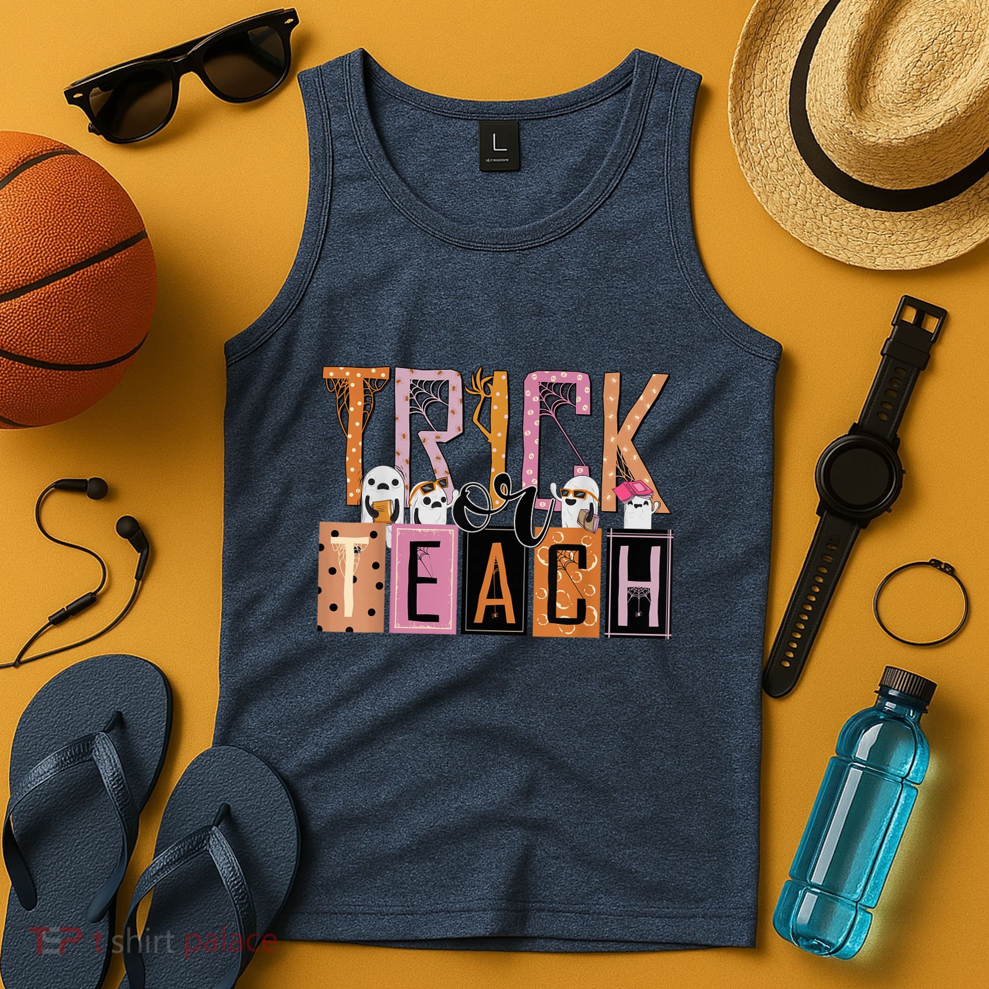 Trick or Teach Floral Groovy Halloween Teacher Retro Ghost Tank Top
