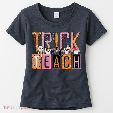 Trick or Teach Floral Groovy Halloween Teacher Retro Ghost Women's T-Shirt