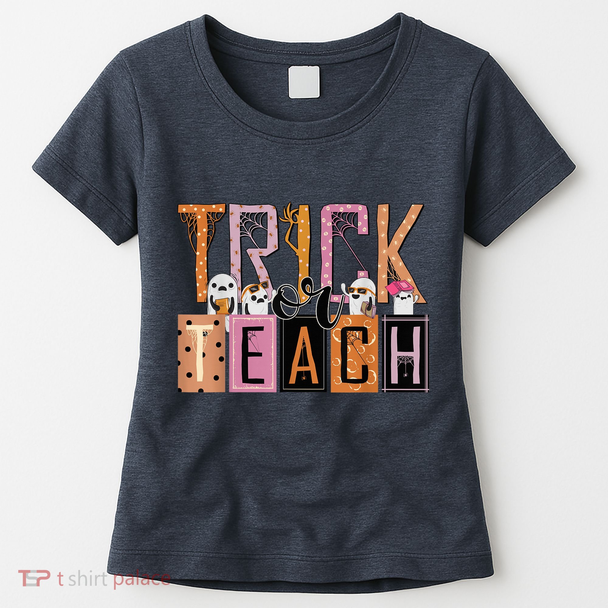 Trick or Teach Floral Groovy Halloween Teacher Retro Ghost Women's T-Shirt