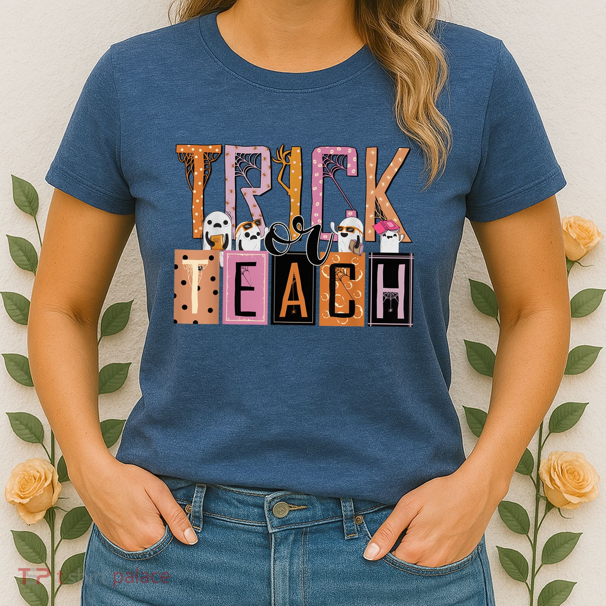 Trick or Teach Floral Groovy Halloween Teacher Retro Ghost Women's T-Shirt