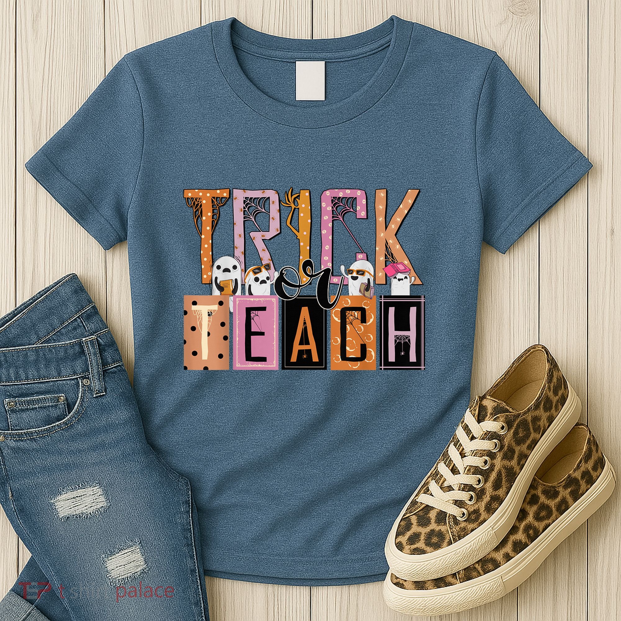 Trick or Teach Floral Groovy Halloween Teacher Retro Ghost Women's T-Shirt