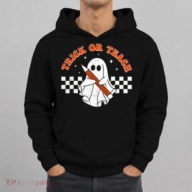 Trick Or Teach Groovy Teacher Halloween Retro Floral Ghost Hoodie