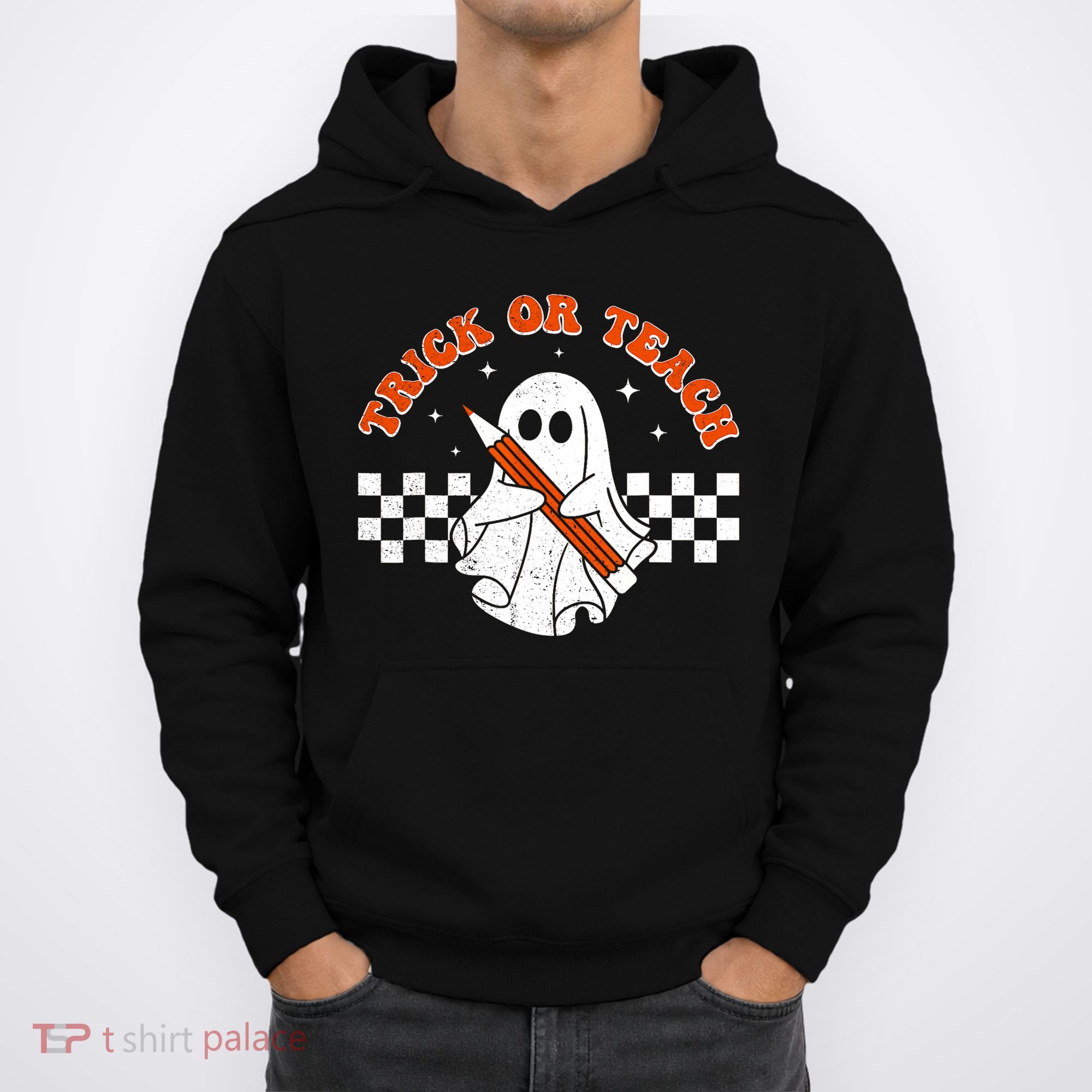 Trick Or Teach Groovy Teacher Halloween Retro Floral Ghost Hoodie