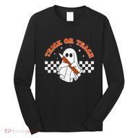 Trick Or Teach Groovy Teacher Halloween Retro Floral Ghost Long Sleeve Shirt thumb 0