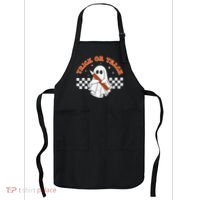 Trick Or Teach Groovy Teacher Halloween Retro Floral Ghost Apron thumb 0