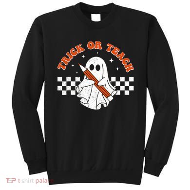Trick Or Teach Groovy Teacher Halloween Retro Floral Ghost Sweatshirt
