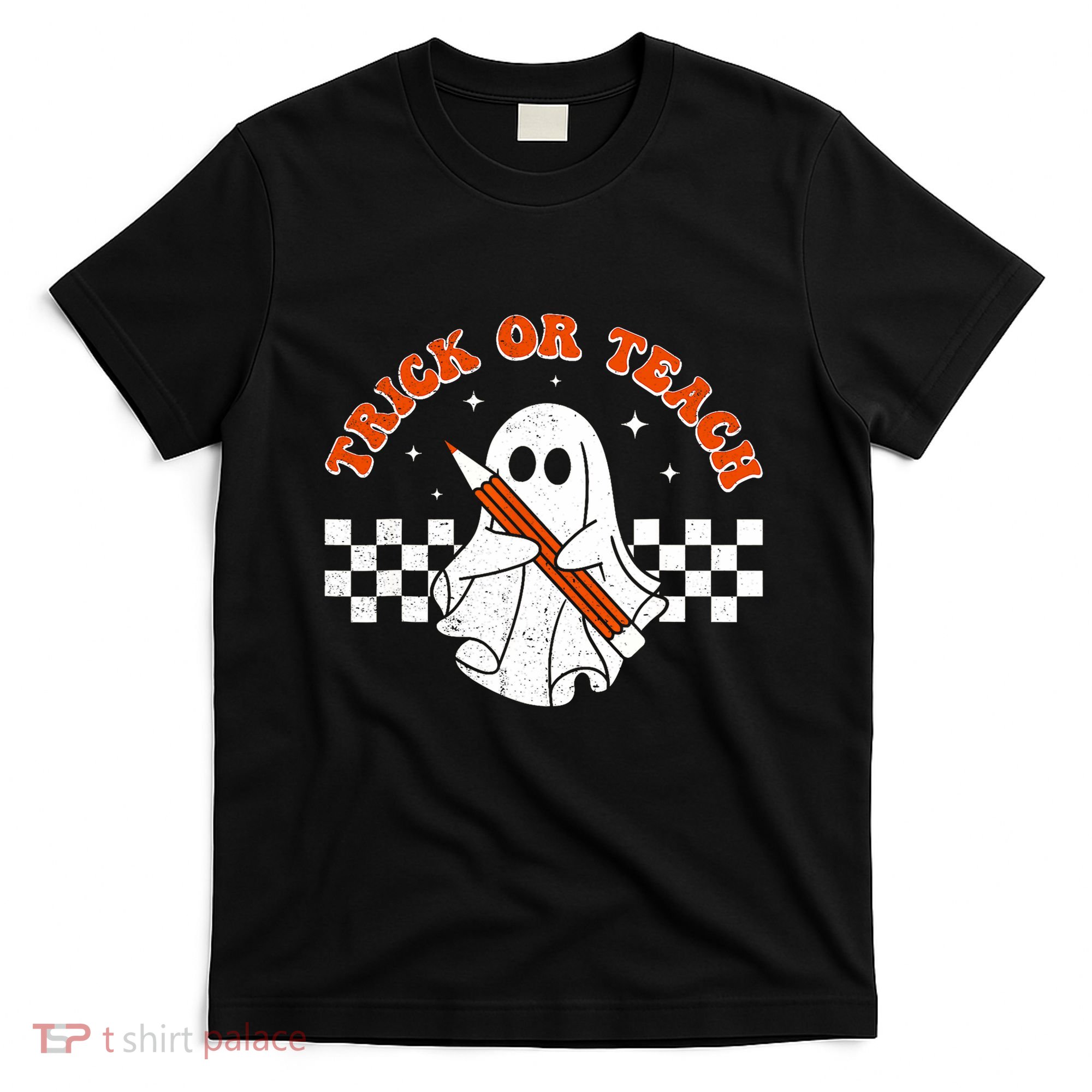 Trick Or Teach Groovy Teacher Halloween Retro Floral Ghost T-Shirt