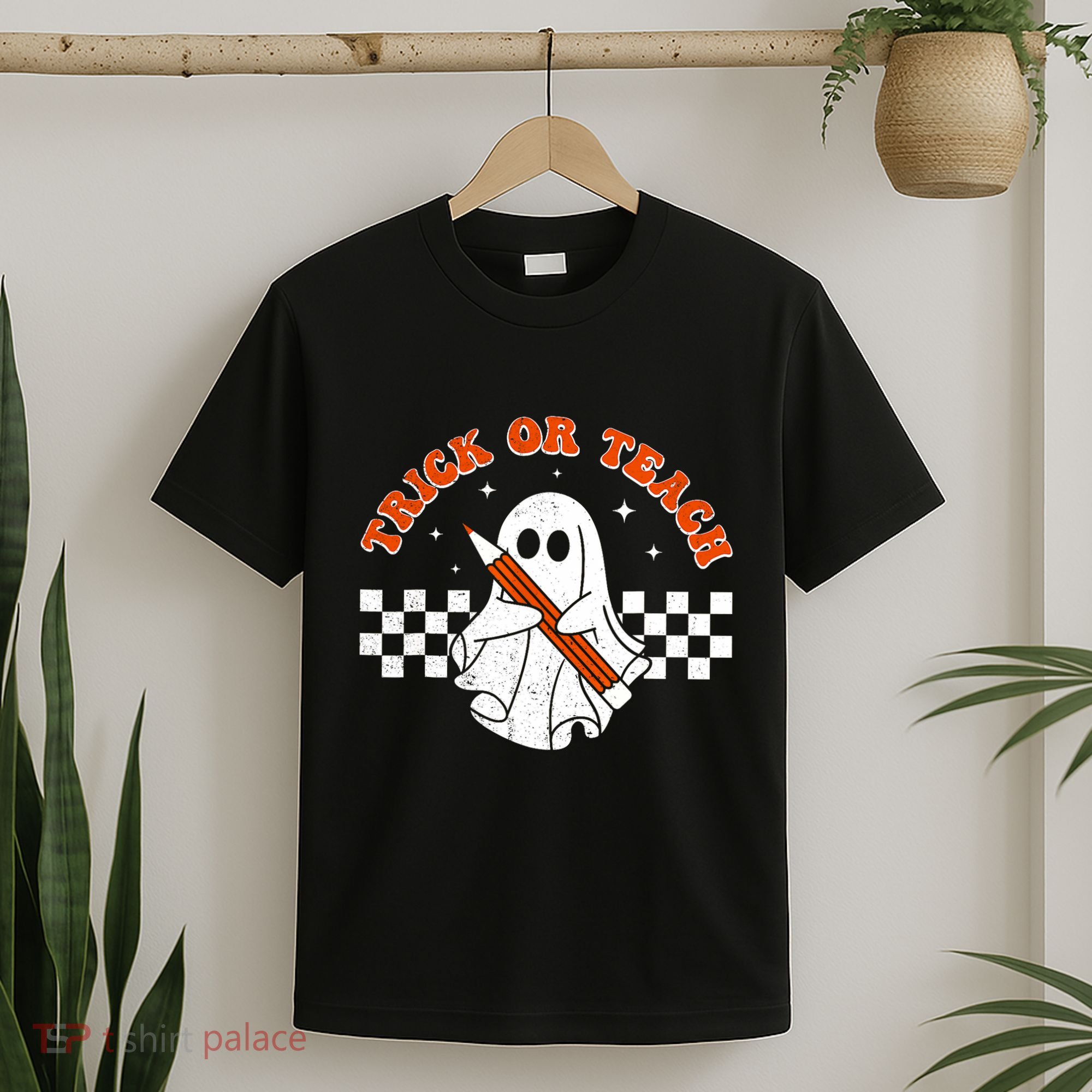 Trick Or Teach Groovy Teacher Halloween Retro Floral Ghost T-Shirt
