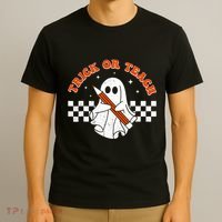 Trick Or Teach Groovy Teacher Halloween Retro Floral Ghost T-Shirt thumb 3