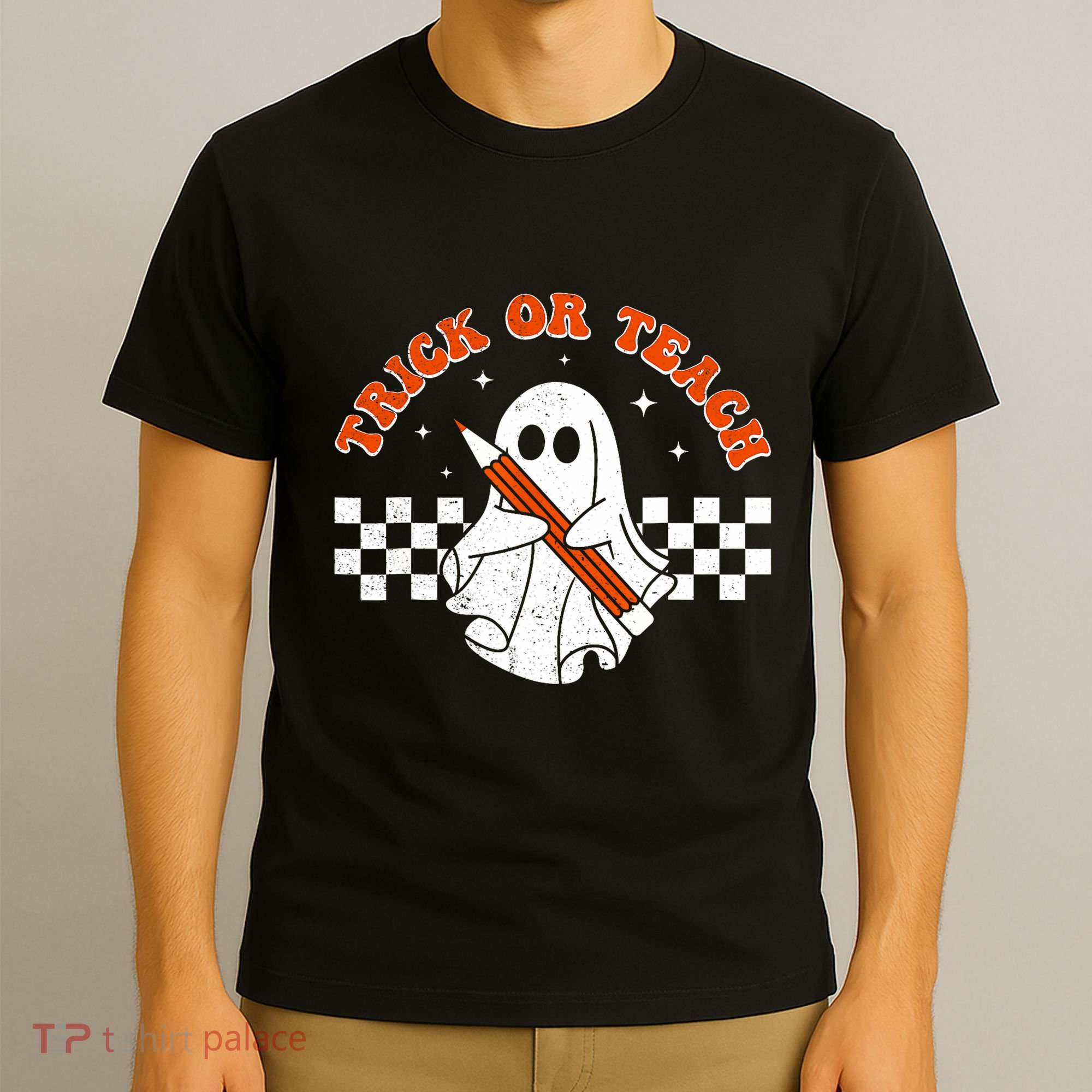 Trick Or Teach Groovy Teacher Halloween Retro Floral Ghost T-Shirt