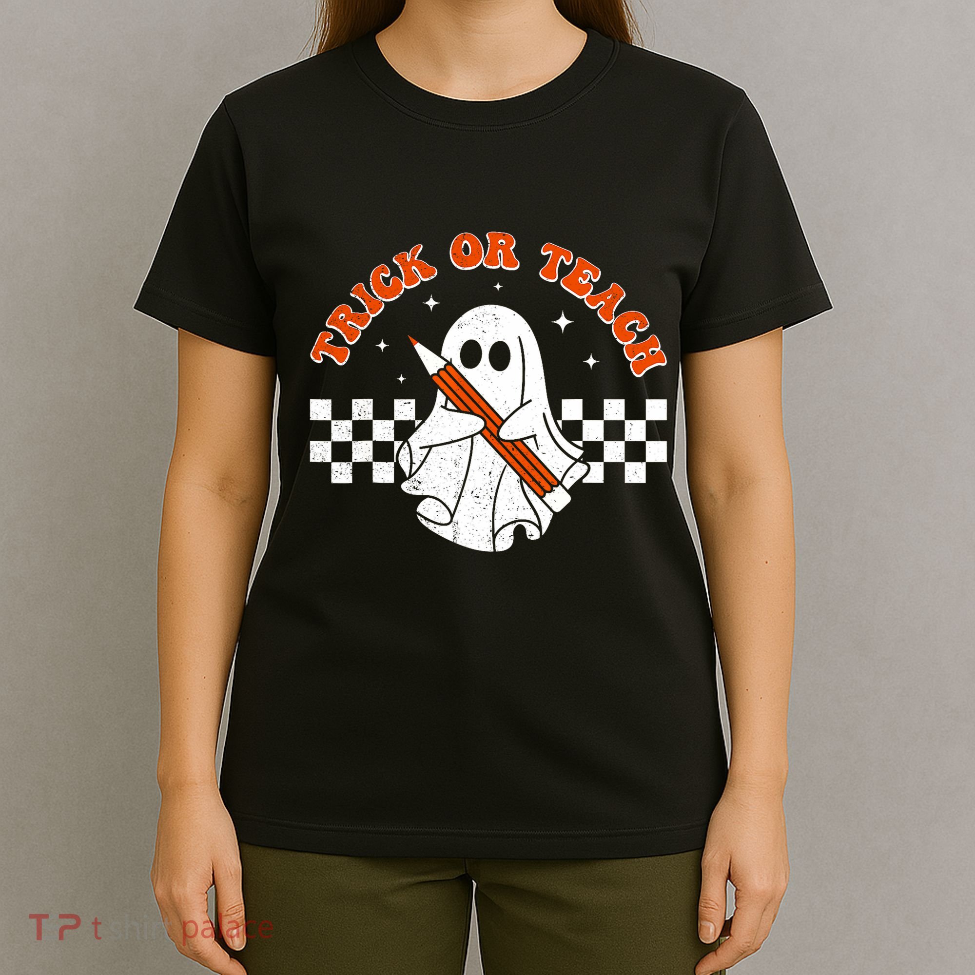 Trick Or Teach Groovy Teacher Halloween Retro Floral Ghost T-Shirt