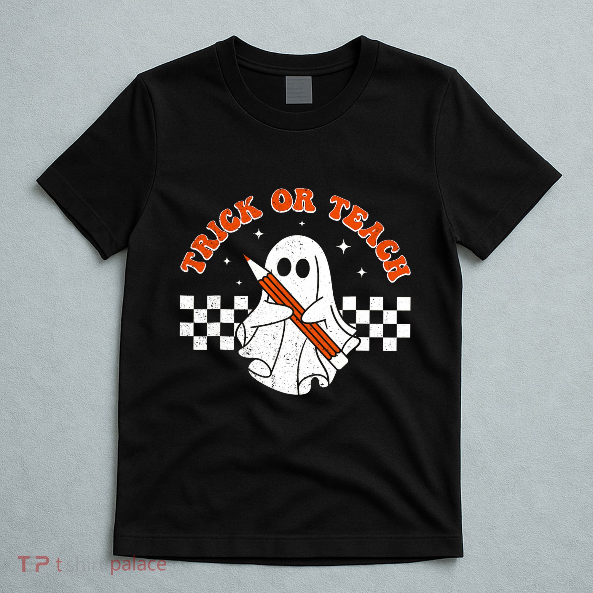 Trick Or Teach Groovy Teacher Halloween Retro Floral Ghost T-Shirt