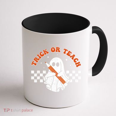 Trick Or Teach Groovy Teacher Halloween Retro Floral Ghost Coffee Mug back