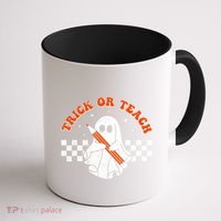 Trick Or Teach Groovy Teacher Halloween Retro Floral Ghost Coffee Mug thumb 1