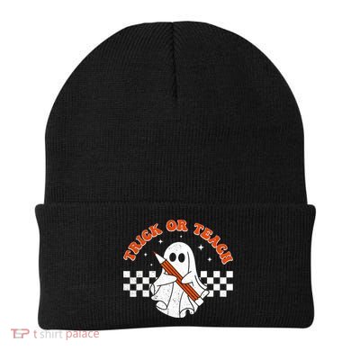 Trick Or Teach Groovy Teacher Halloween Retro Floral Ghost Beanie