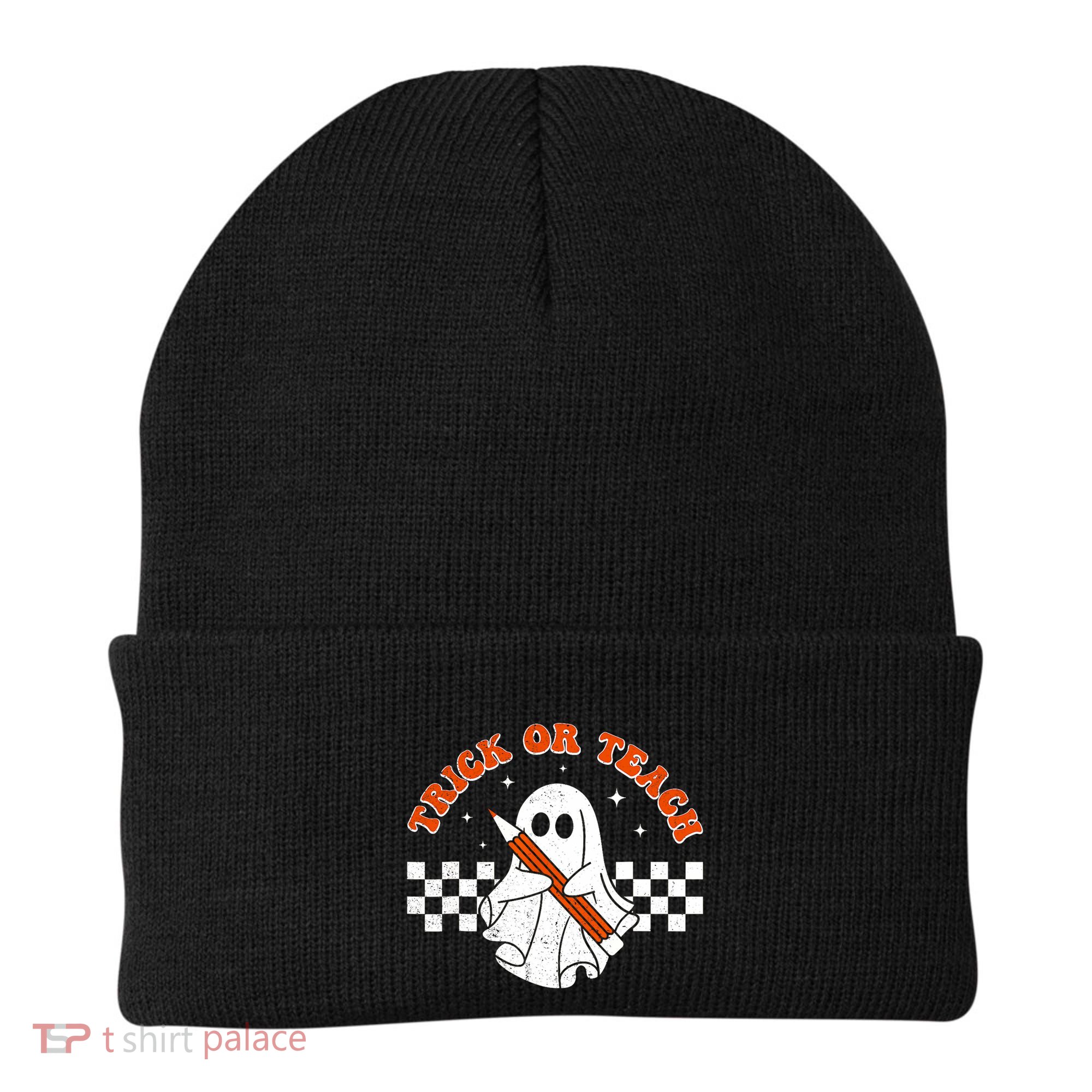 Trick Or Teach Groovy Teacher Halloween Retro Floral Ghost Beanie