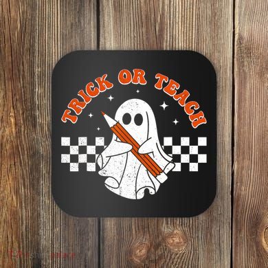 Trick Or Teach Groovy Teacher Halloween Retro Floral Ghost Coaster