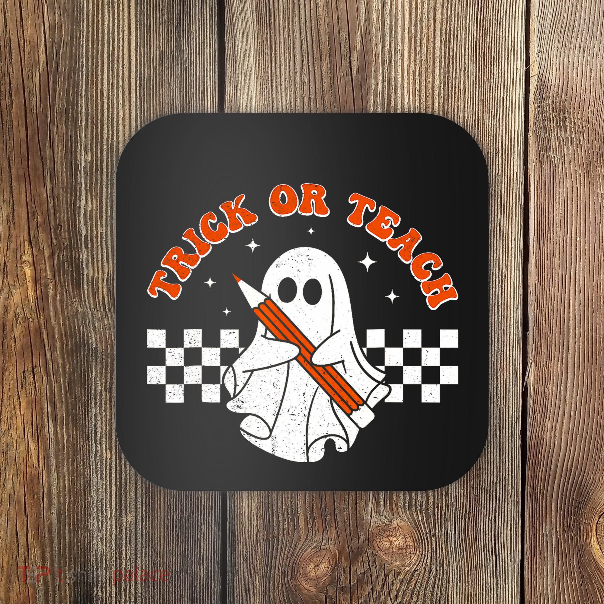 Trick Or Teach Groovy Teacher Halloween Retro Floral Ghost Coaster