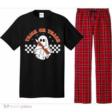 Trick Or Teach Groovy Teacher Halloween Retro Floral Ghost Pajama Set