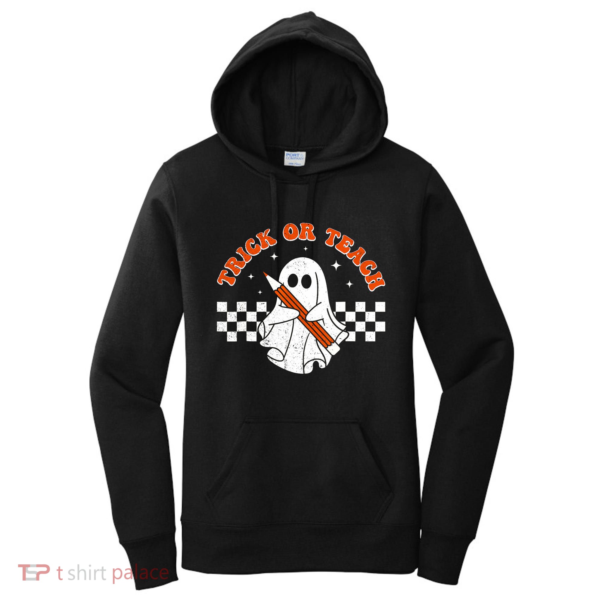 Trick Or Teach Groovy Teacher Halloween Retro Floral Ghost Women's Hoodie