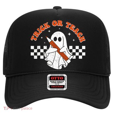 Trick Or Teach Groovy Teacher Halloween Retro Floral Ghost Hat