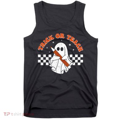 Trick Or Teach Groovy Teacher Halloween Retro Floral Ghost Tank Top