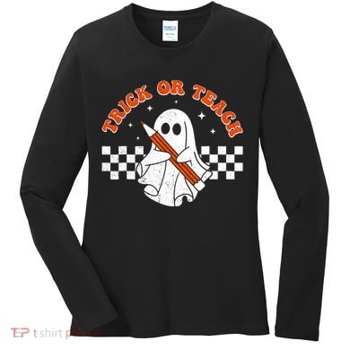 Trick Or Teach Groovy Teacher Halloween Retro Floral Ghost Women's Long Sleeve Shirt