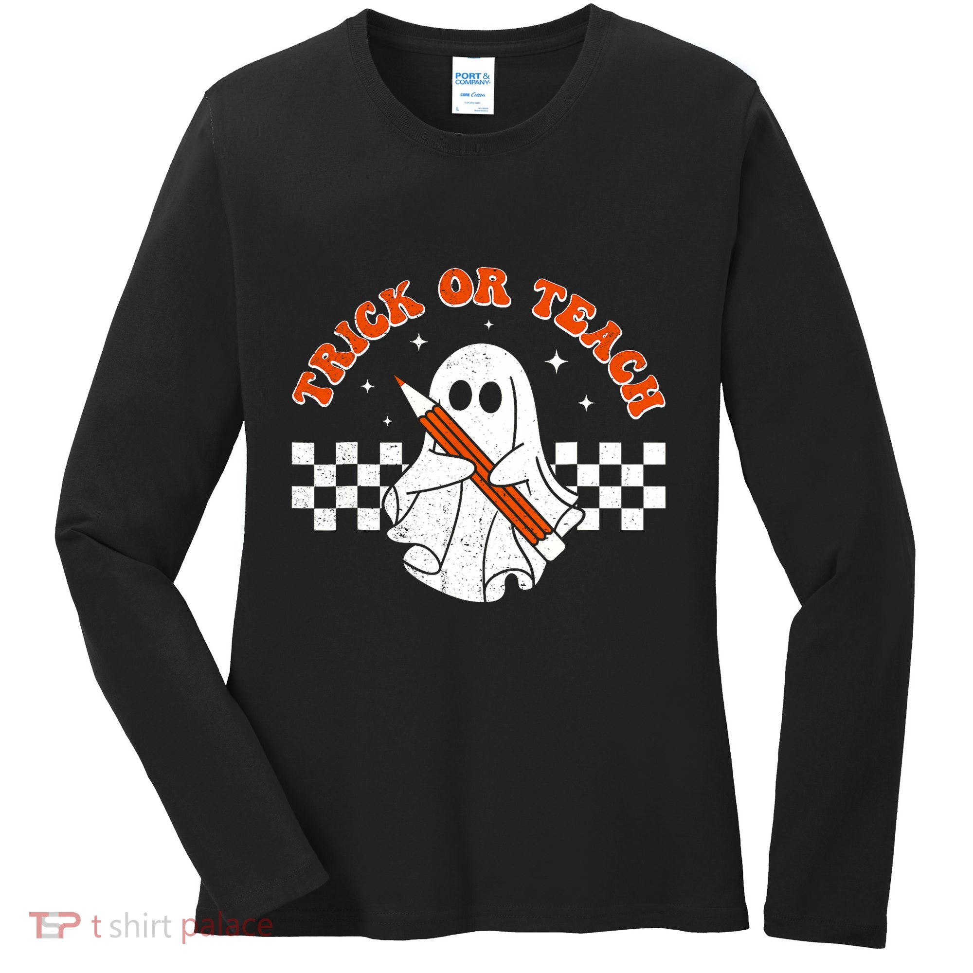 Trick Or Teach Groovy Teacher Halloween Retro Floral Ghost Women's Long Sleeve Shirt