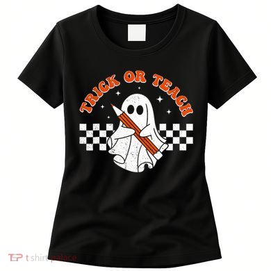 Trick Or Teach Groovy Teacher Halloween Retro Floral Ghost Women's T-Shirt