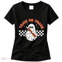 Trick Or Teach Groovy Teacher Halloween Retro Floral Ghost Women's T-Shirt thumb 0