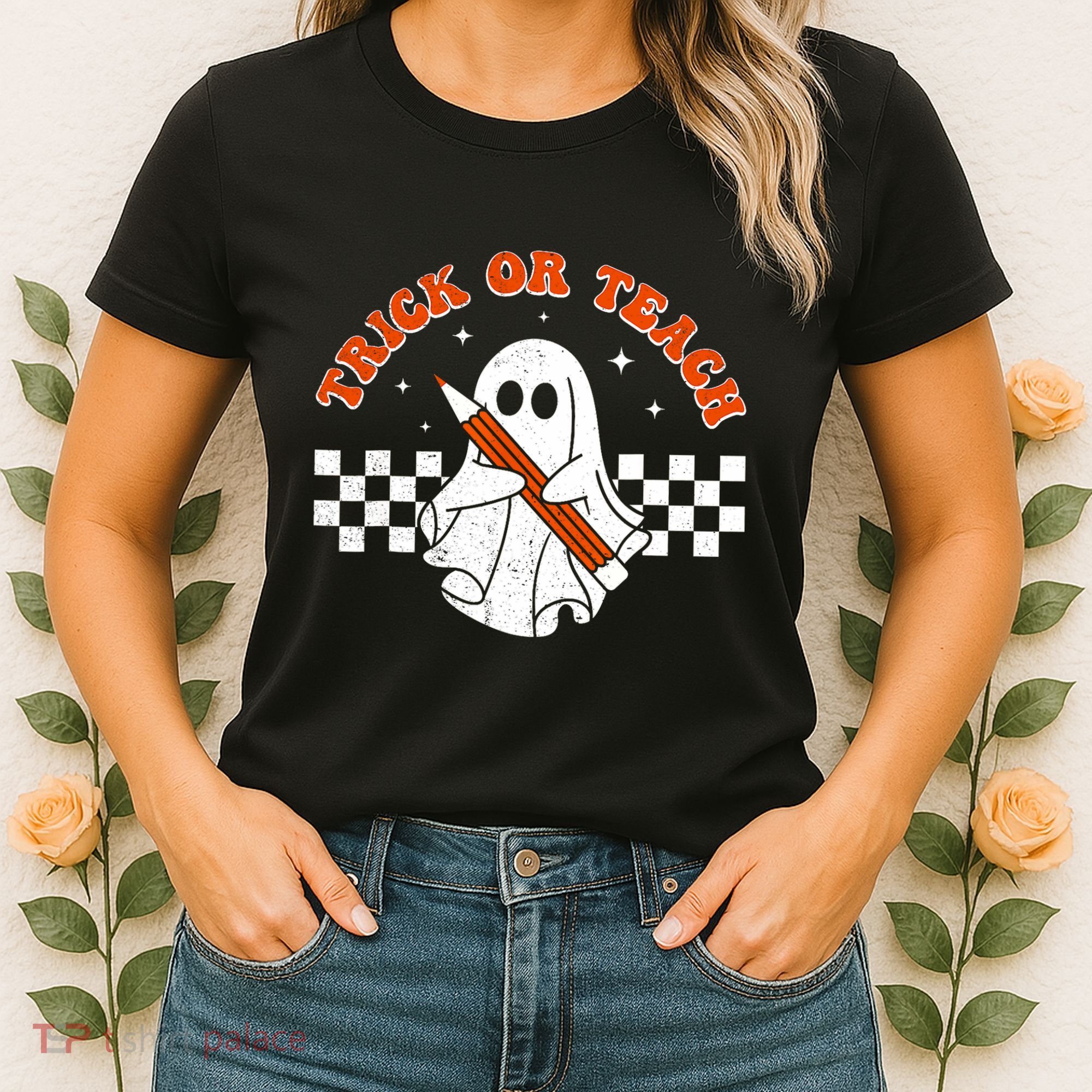 Trick Or Teach Groovy Teacher Halloween Retro Floral Ghost Women's T-Shirt