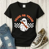 Trick Or Teach Groovy Teacher Halloween Retro Floral Ghost Women's T-Shirt thumb 3