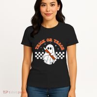 Trick Or Teach Groovy Teacher Halloween Retro Floral Ghost Women's T-Shirt thumb 4