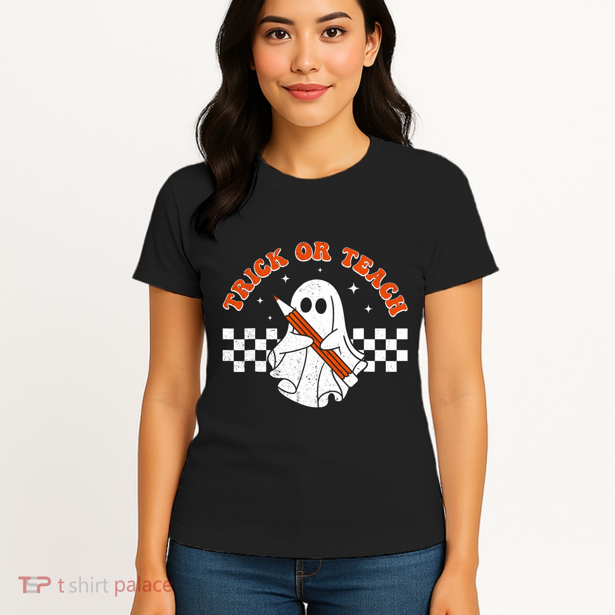 Trick Or Teach Groovy Teacher Halloween Retro Floral Ghost Women's T-Shirt
