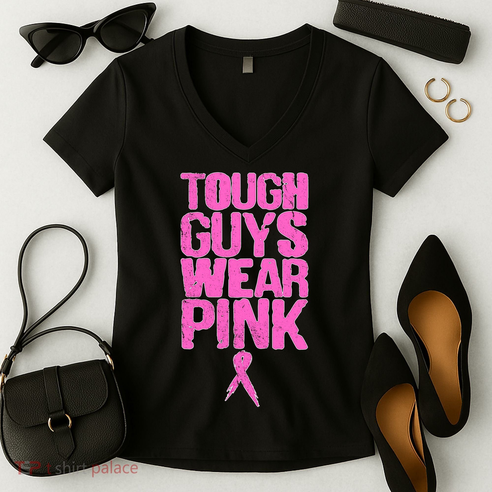 Tough Guys Wear Pink Breast Cancer Awareness Women's V-Neck T-Shirt