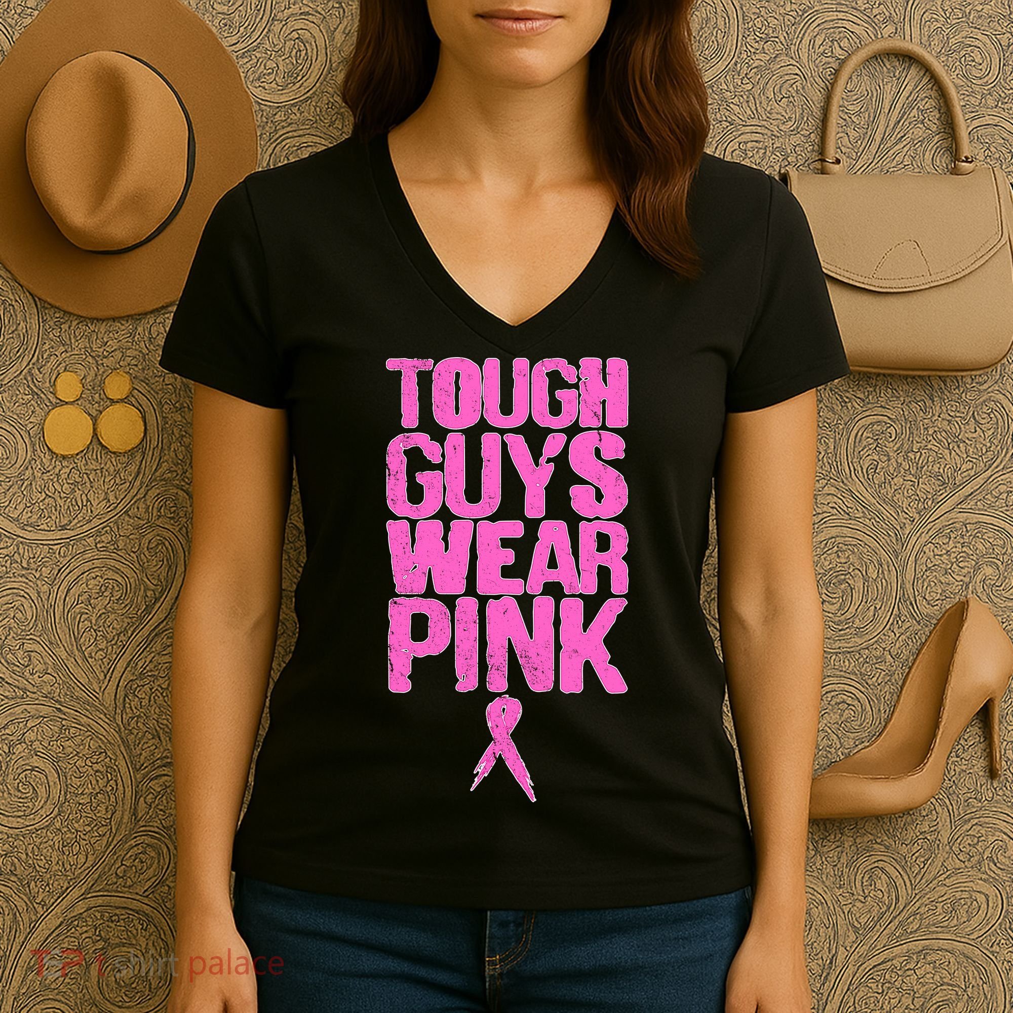 Tough Guys Wear Pink Breast Cancer Awareness Women's V-Neck T-Shirt