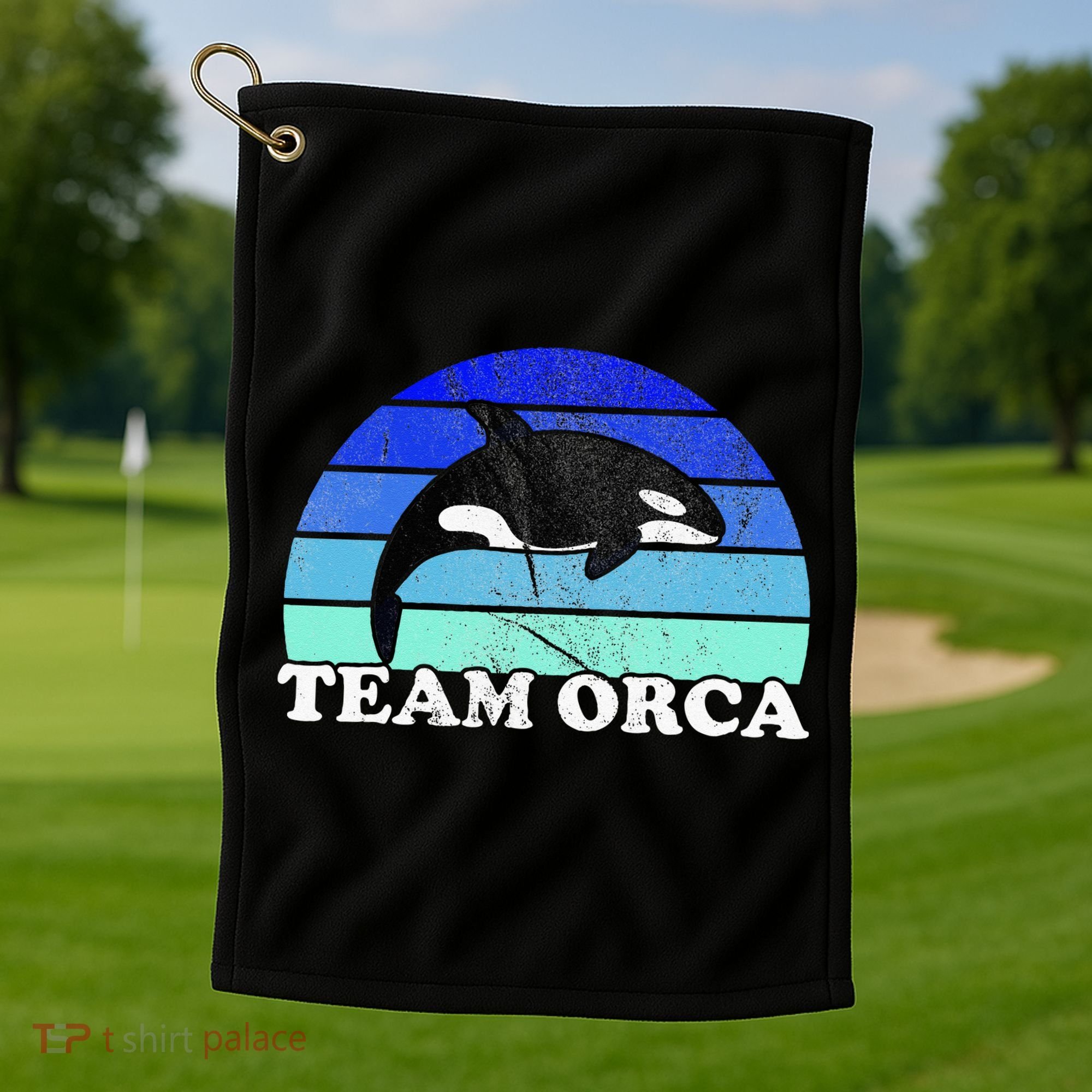 Team Orca Whale Orcas Sea Ocean Retro Sunset Golf Towel