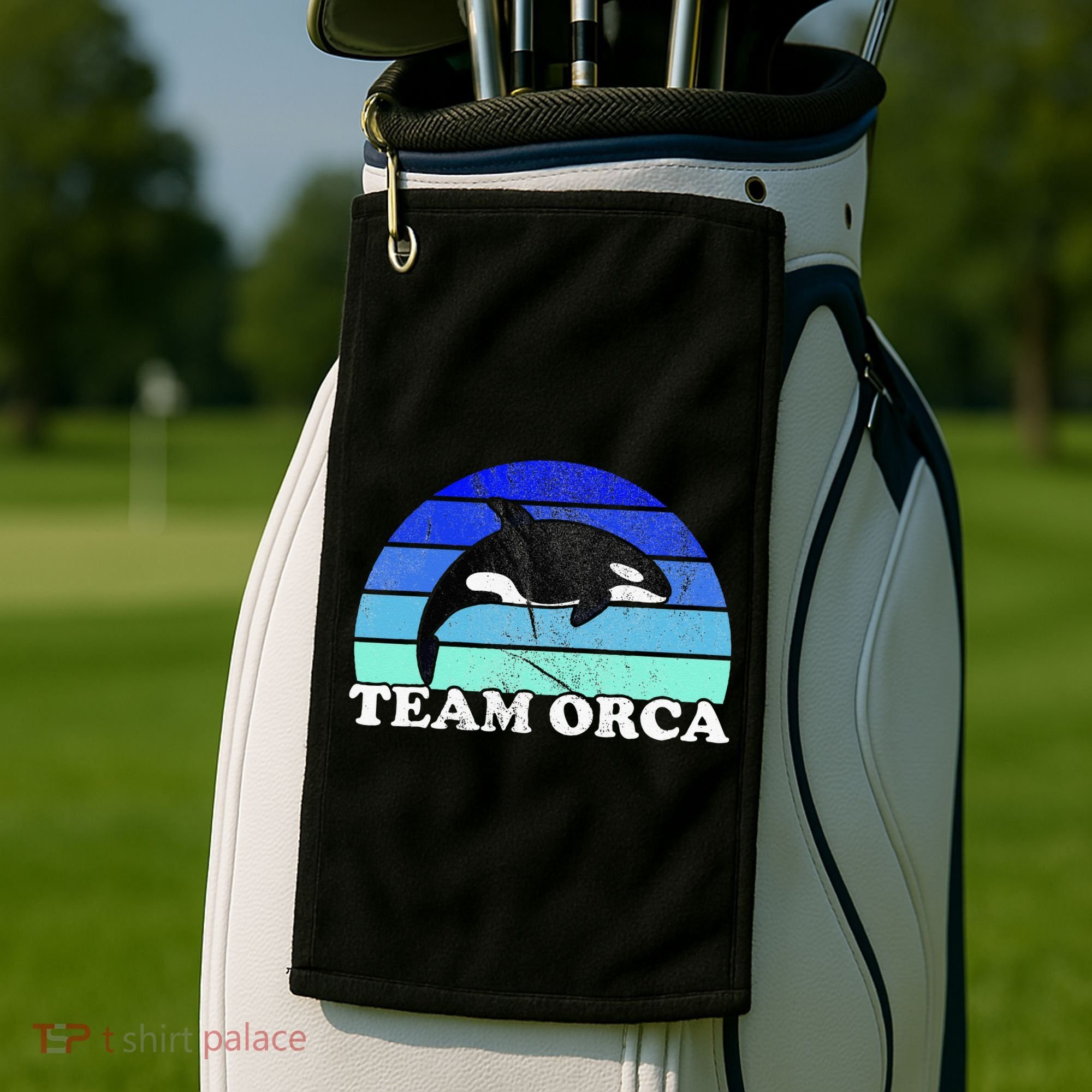 Team Orca Whale Orcas Sea Ocean Retro Sunset Golf Towel