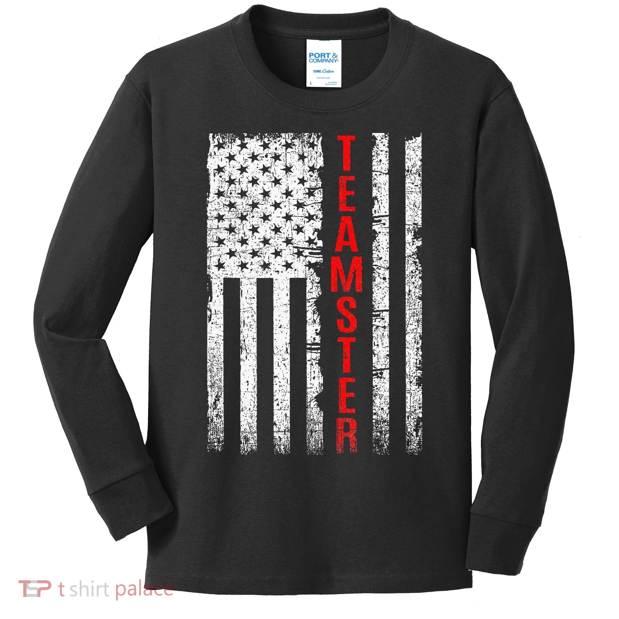 Teamster Proud American Flag Distressed Kids Long Sleeve Shirt