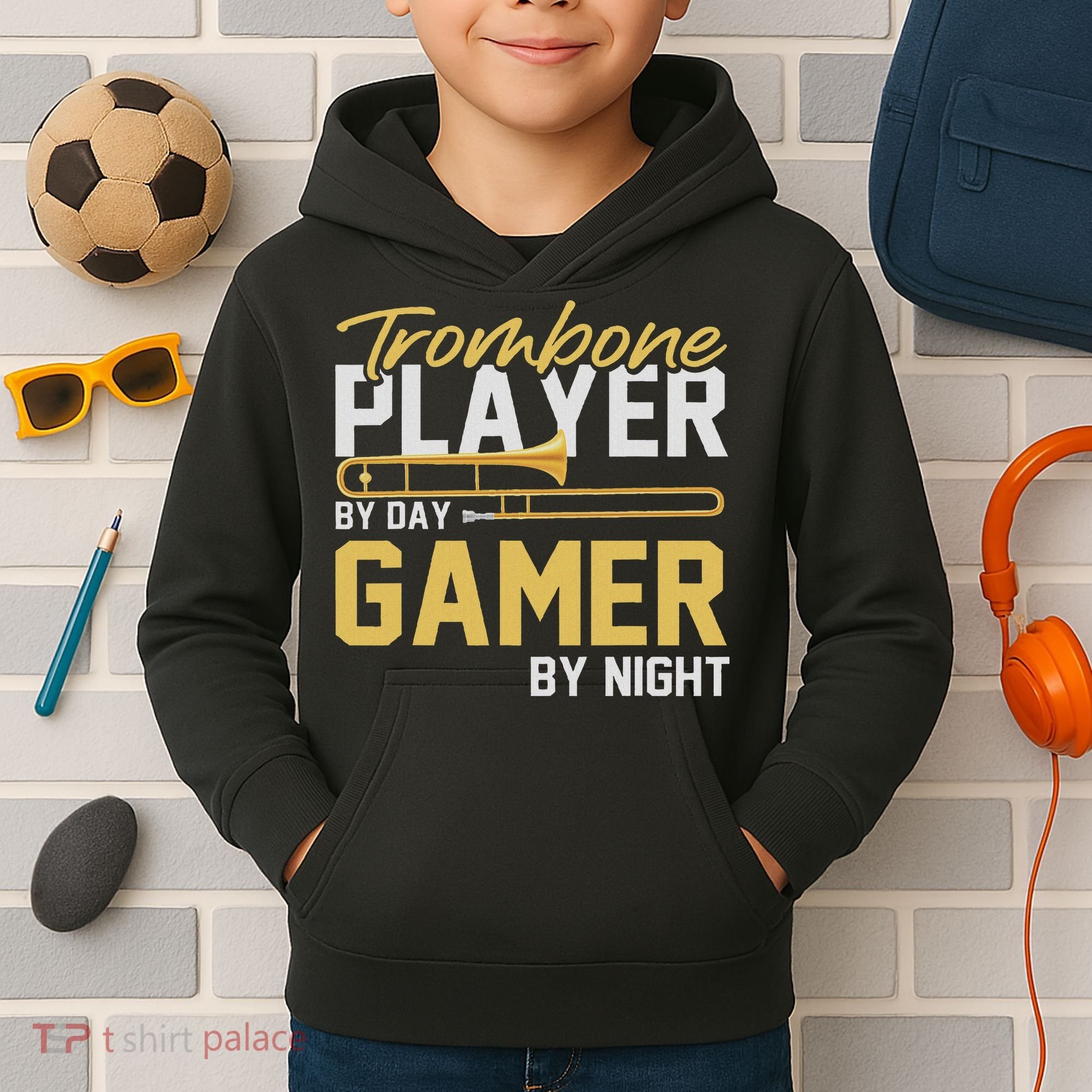Trombone Player By Day Gamer By Night Band Trombone Kids Hoodie