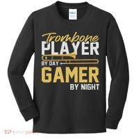 Trombone Player By Day Gamer By Night Band Trombone Kids Long Sleeve Shirt thumb 0
