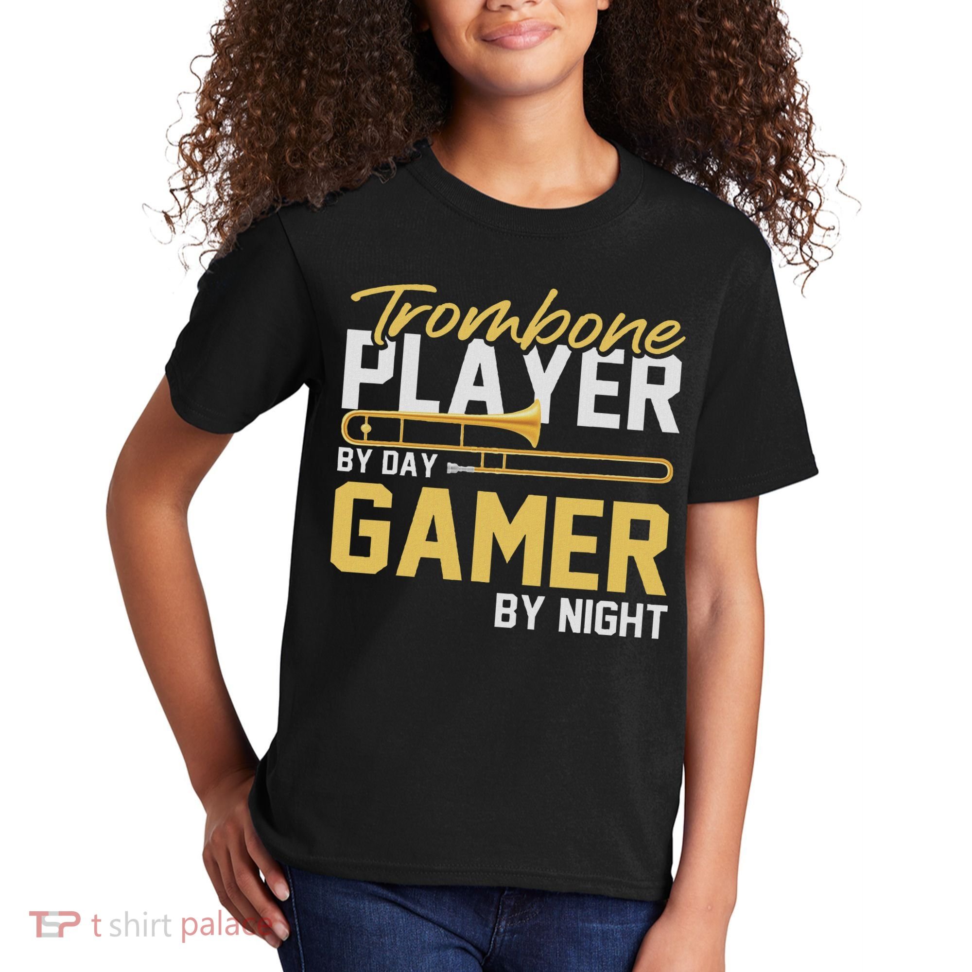 Trombone Player By Day Gamer By Night Band Trombone Kids T-Shirt