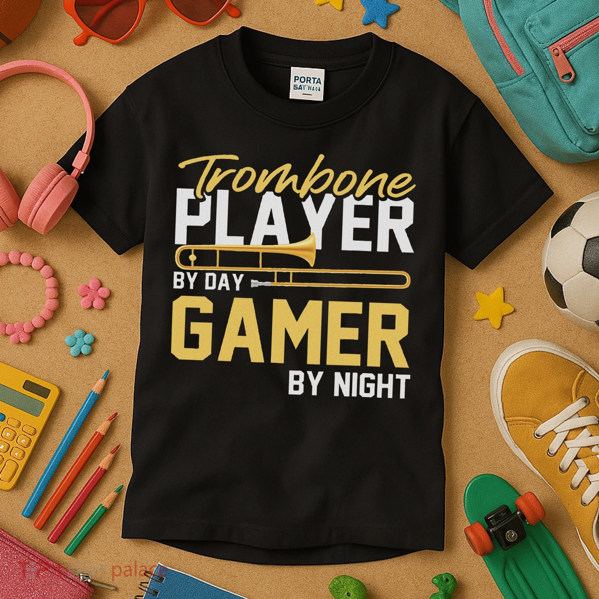 Trombone Player By Day Gamer By Night Band Trombone Kids T-Shirt