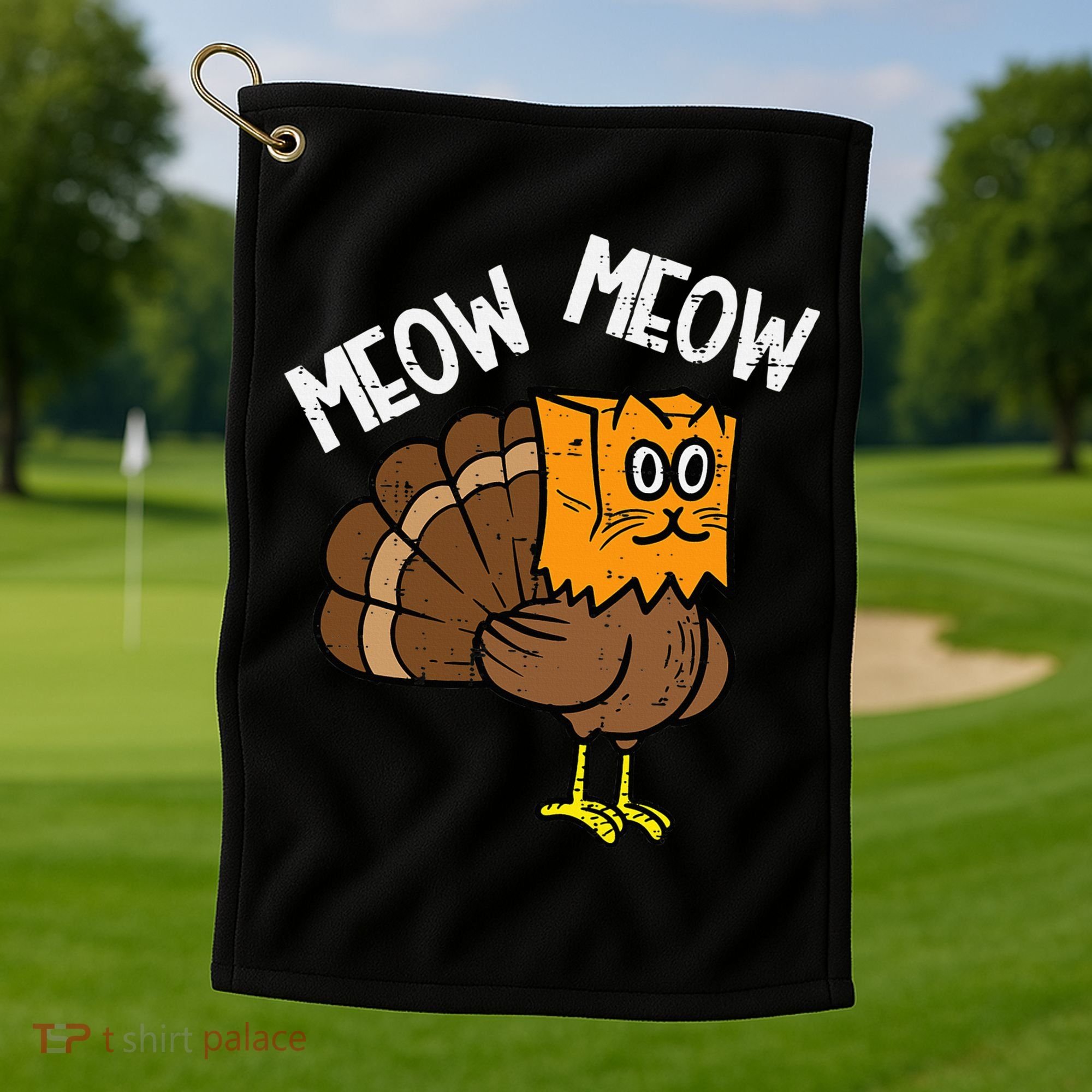 Turkey Paper Bag Meow Funny Thanksgiving Cat Golf Towel