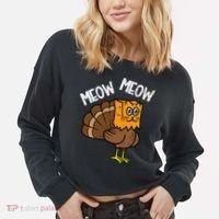 Turkey Paper Bag Meow Funny Thanksgiving Cat Cropped Pullover Crew thumb 2
