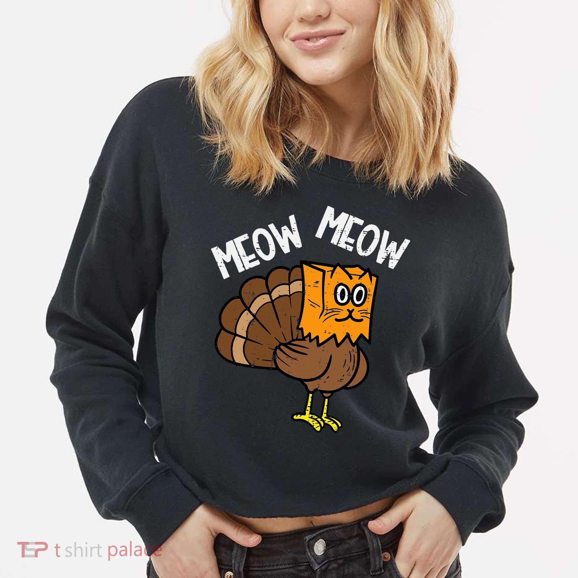 Turkey Paper Bag Meow Funny Thanksgiving Cat Cropped Pullover Crew