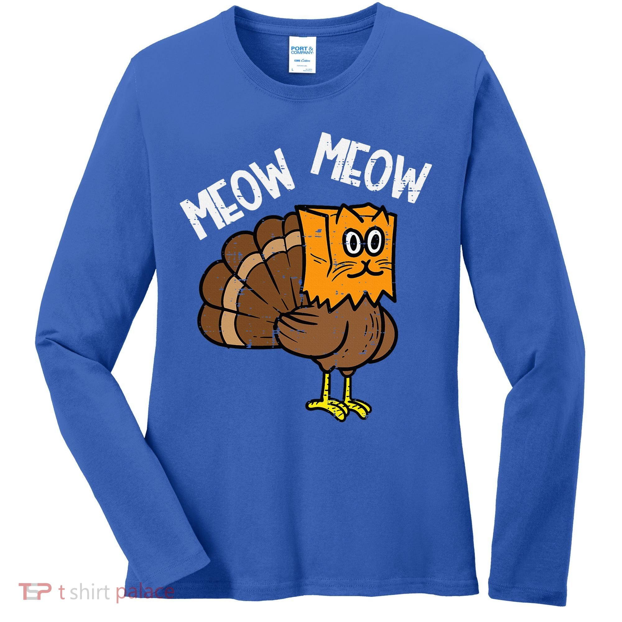 Turkey Paper Bag Meow Funny Thanksgiving Cat Women's Long Sleeve Shirt
